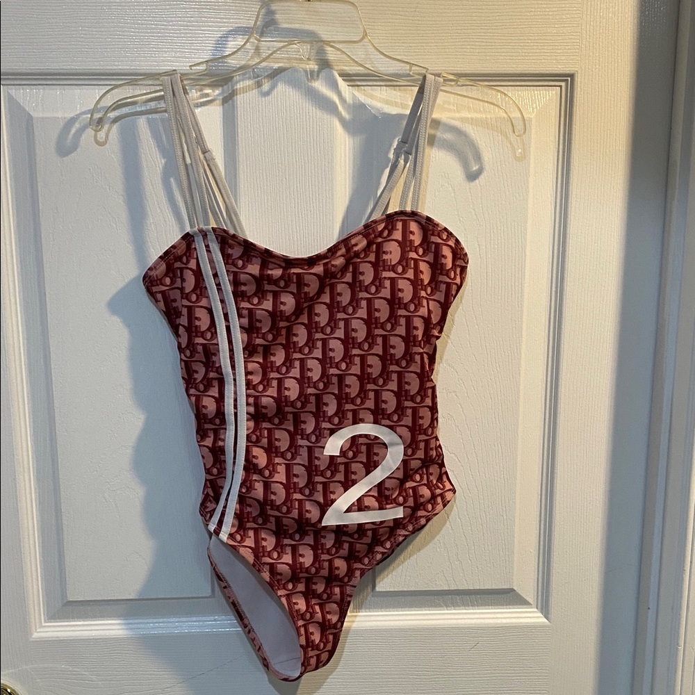 Maroon Monogram One-Piece Swimsuit with White Accents